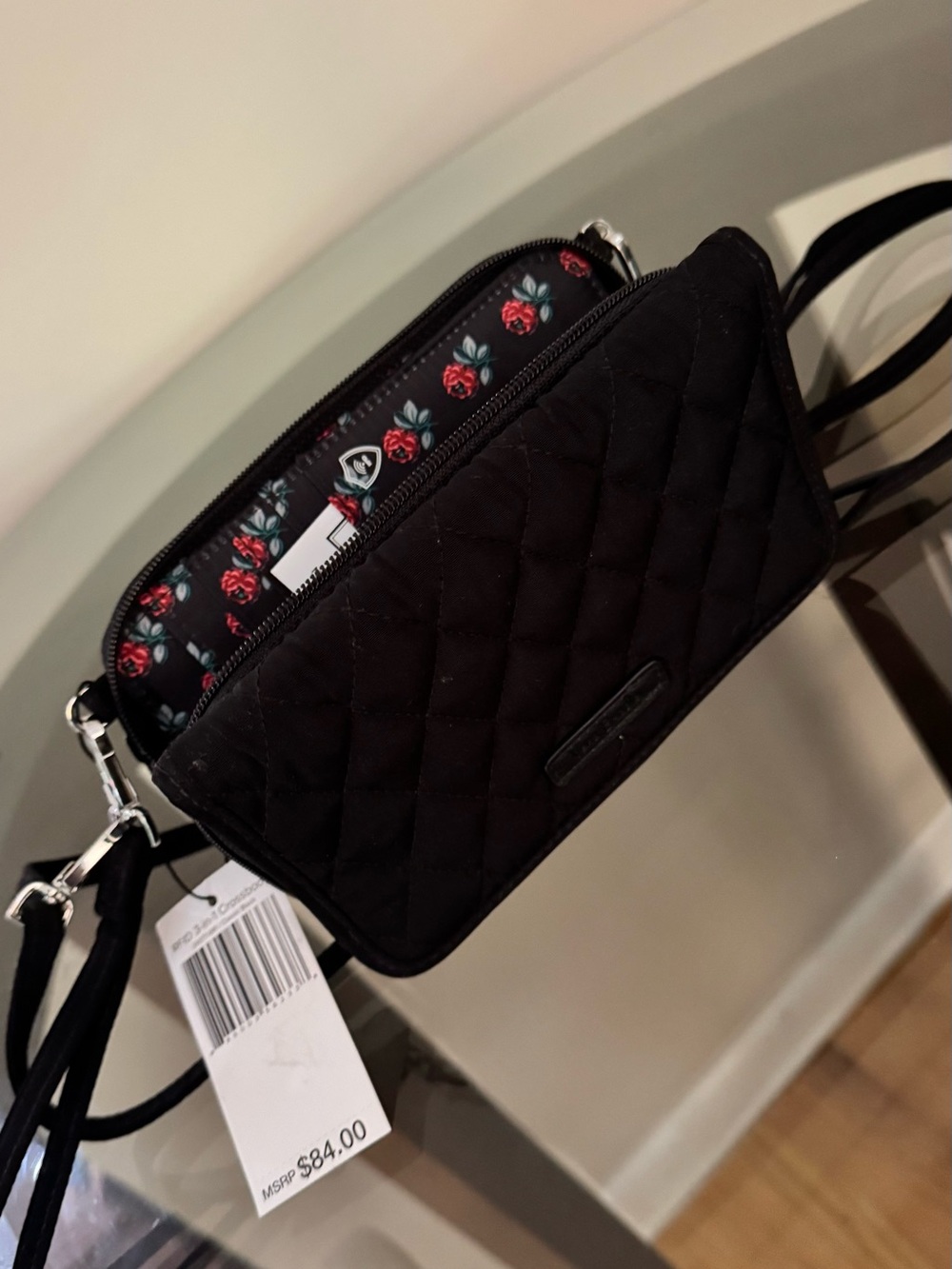Vera Bradley Black Quilted Crossbody with Red Floral Lining